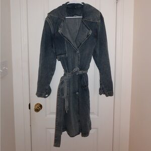 pretty little thing vintage washed oversized blue denim trench coat